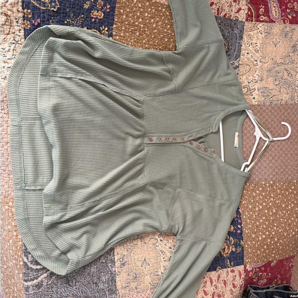Green Button-Up Waffle Knit Top